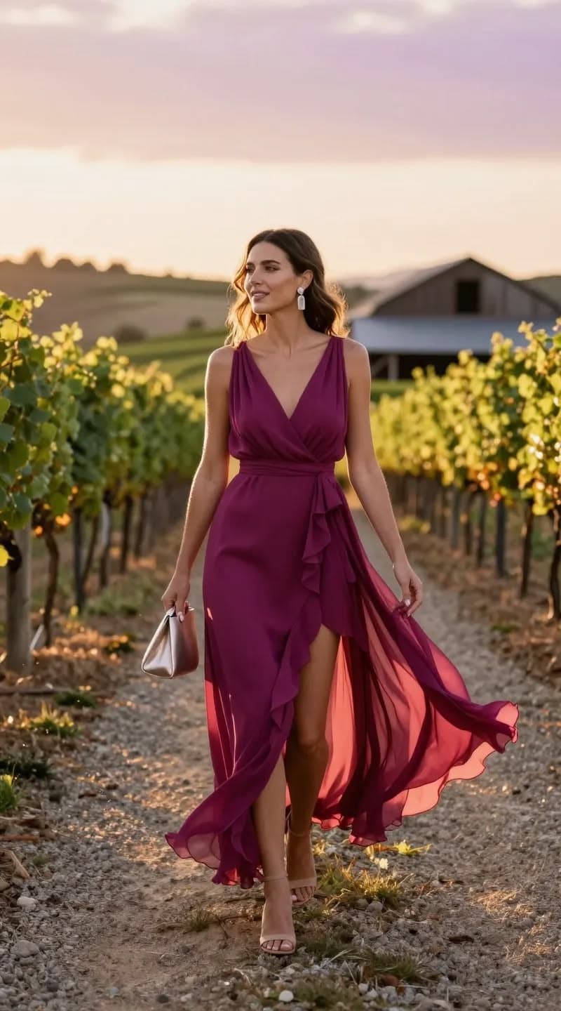 Invitada con vestido largo en un viñedo al atardecer — referencia