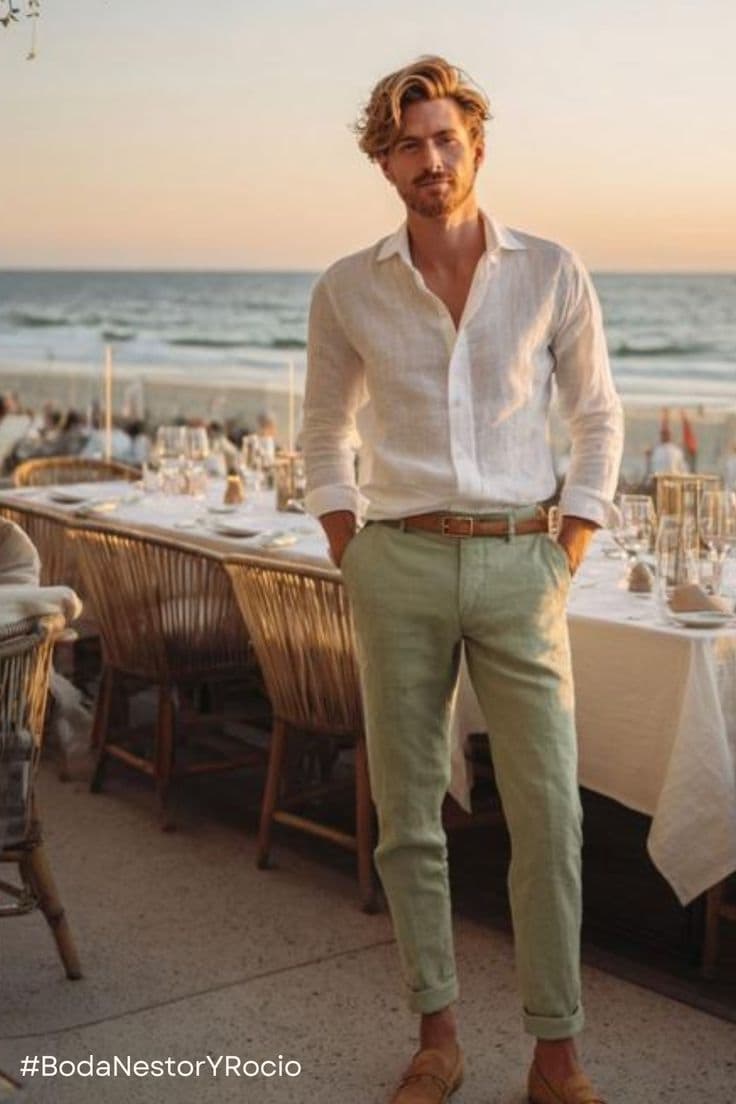 Invitado con camisa de lino y pantalón en color — referencia